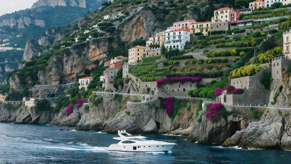 Wide scenic view of the Amalfi Coast from the water with a private wooden gozzo boat heading east toward Amalfi, the dramatic cliff road and terraced hillside villages visible above the turquoise Mediterranean sea