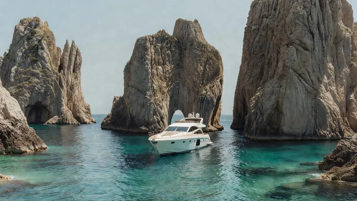 The iconic Faraglioni rock stacks of Capri Italy seen from a private boat passing through the natural stone arch — Amalfi Coast and Capri private boat tour, calm blue Mediterranean sea