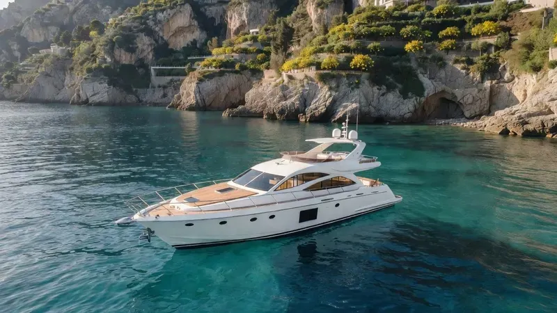 A white gozzo boat cruising past Positano's pastel-painted cliffs on a 4-hour private boat tour of the Amalfi Coast, Italy