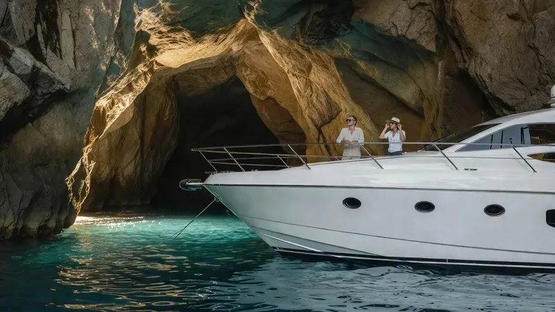 A private gozzo boat anchored in a calm turquoise cove below the Amalfi Coast cliffs on a personalised private boat tour from Maiori, Italy
