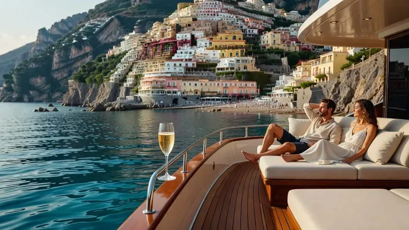 Snorkellers entering crystal-clear turquoise water from the stern of a private boat off the Amalfi Coast on a 6-hour private boat trip with prosecco and snorkeling
