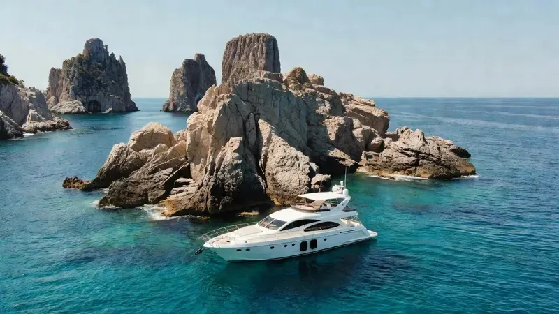 A private charter boat heading south from Sorrento past the rocky Amalfi Coast cliffs with Positano visible in the distance — 8-hour private boat tour of the Amalfi Coast from Sorrento