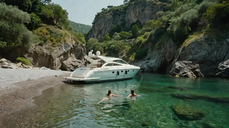 A small private gozzo boat moored at the entrance to a dramatic amber-walled sea cave on the Amalfi Coast — hidden caves and beaches private boat charter from Atrani