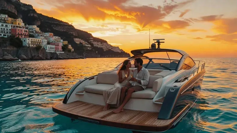 A local skipper at the helm of a traditional wooden gozzo navigating past Positano's coloured cliffside houses on a private boat tour of the Amalfi Coast from Positano